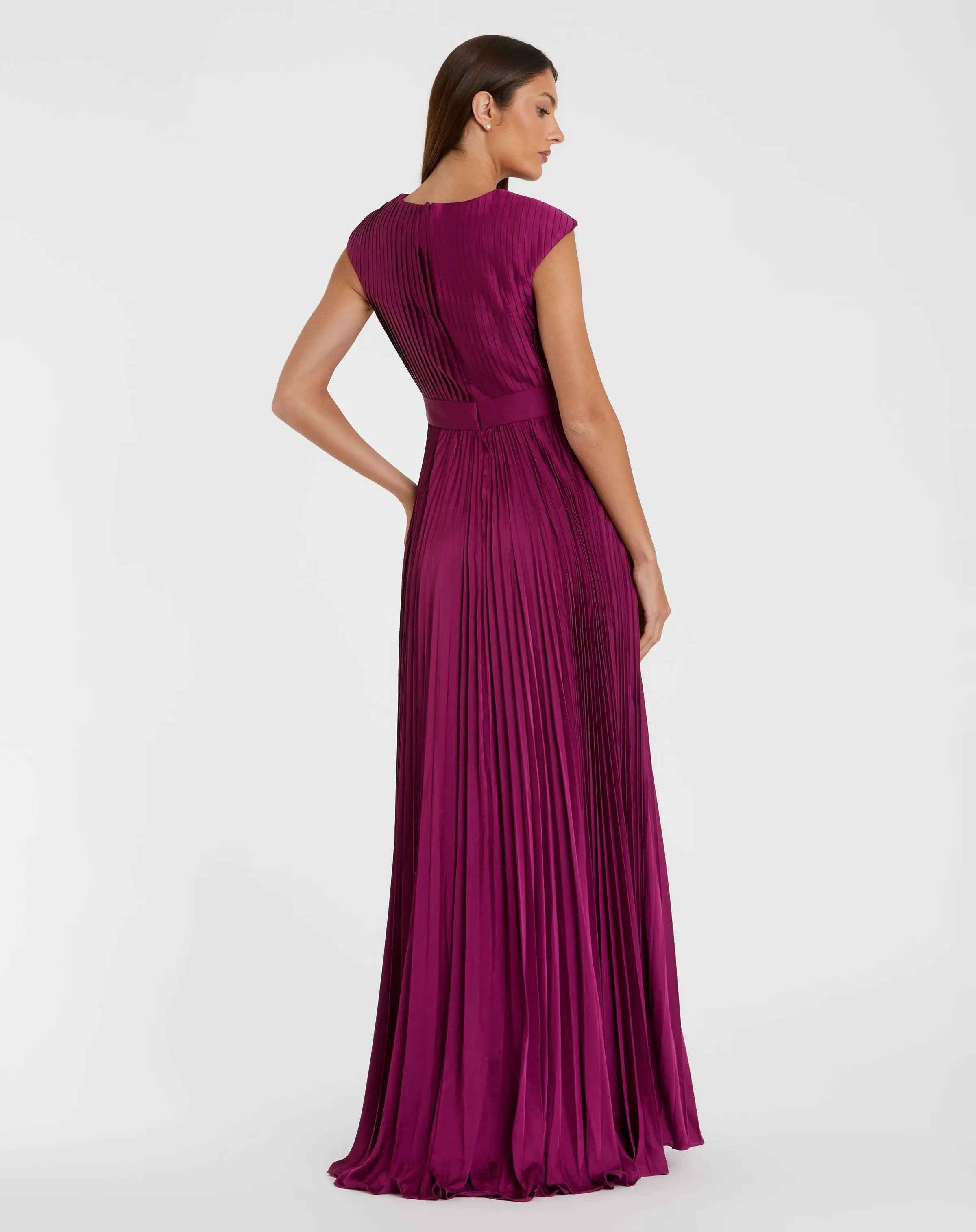 Purple Pleated Plunge Neck Belted A Line Gown