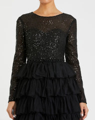 Black Long Sleeve Ruffle Tiered Midi Dress