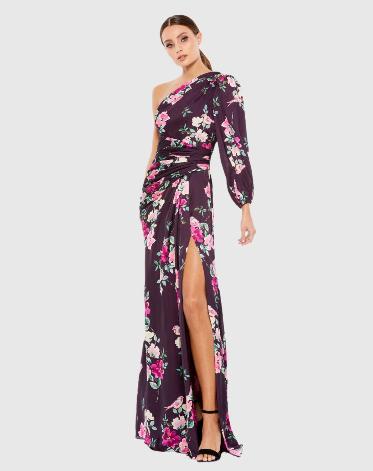 Purple Charmeuse Floral Print One Sleeve Gown With Slit