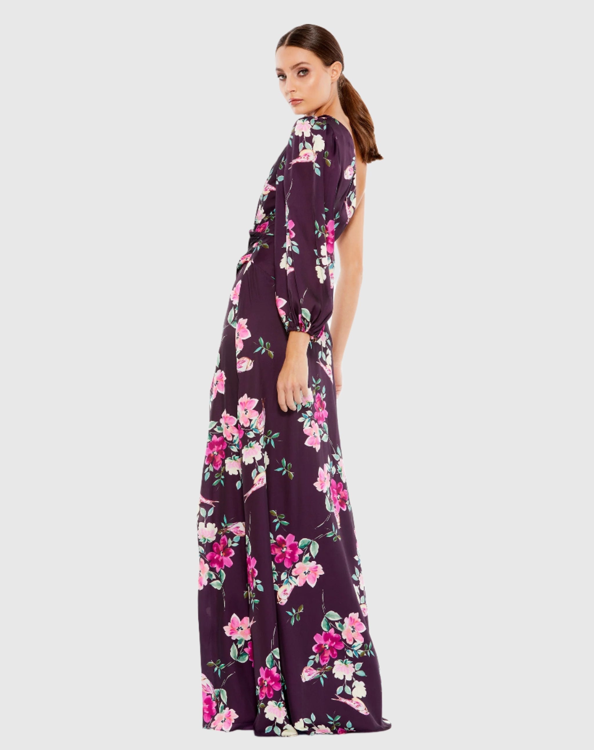 Purple Charmeuse Floral Print One Sleeve Gown With Slit
