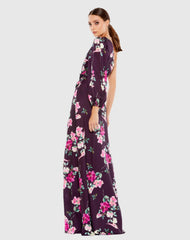Purple Charmeuse Floral Print One Sleeve Gown With Slit