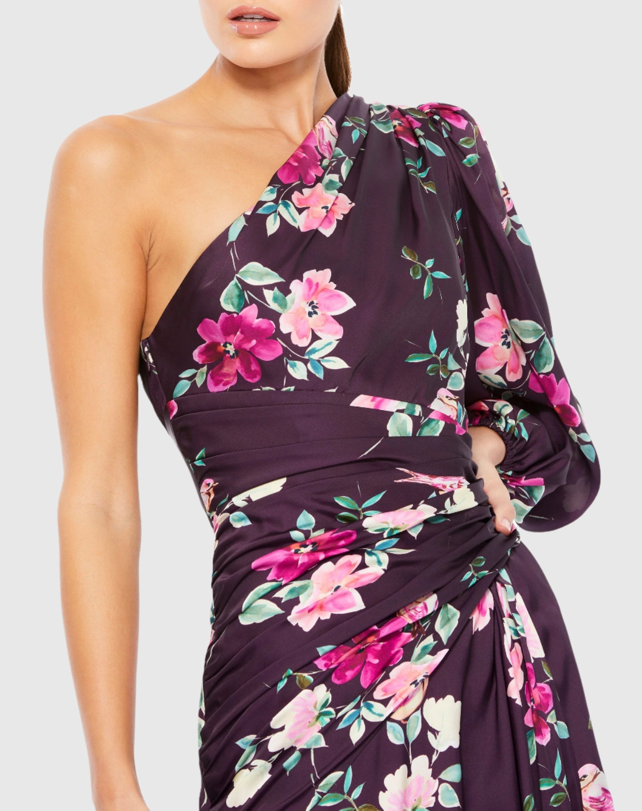 Purple Charmeuse Floral Print One Sleeve Gown With Slit