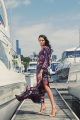 Purple Charmeuse Floral Print One Sleeve Gown With Slit