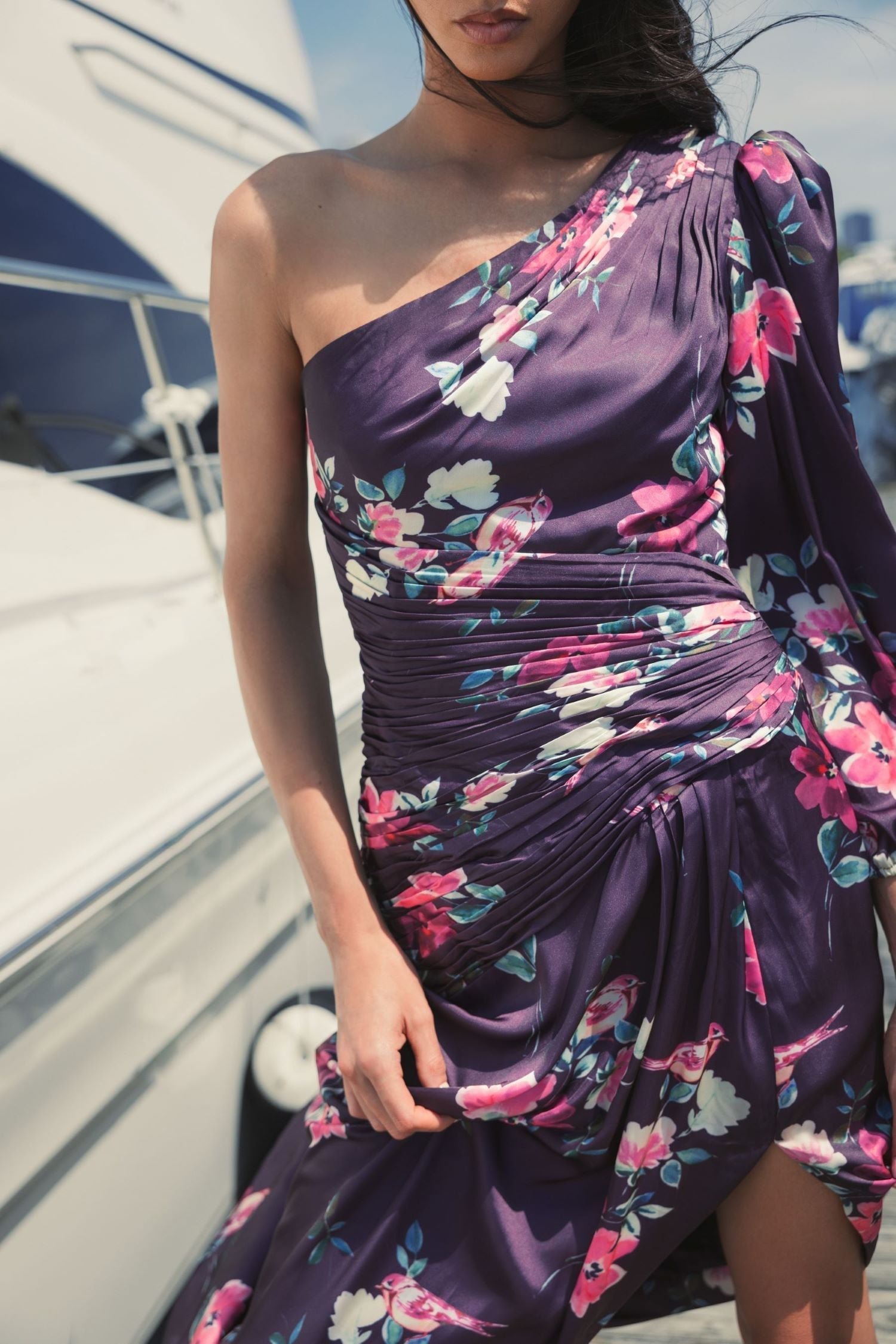 Purple Charmeuse Floral Print One Sleeve Gown With Slit
