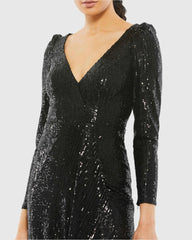Black Faux Wrap Long Sleeve Sequin Gown