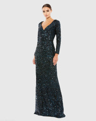 Navy Long Sleeve Sequined Gown