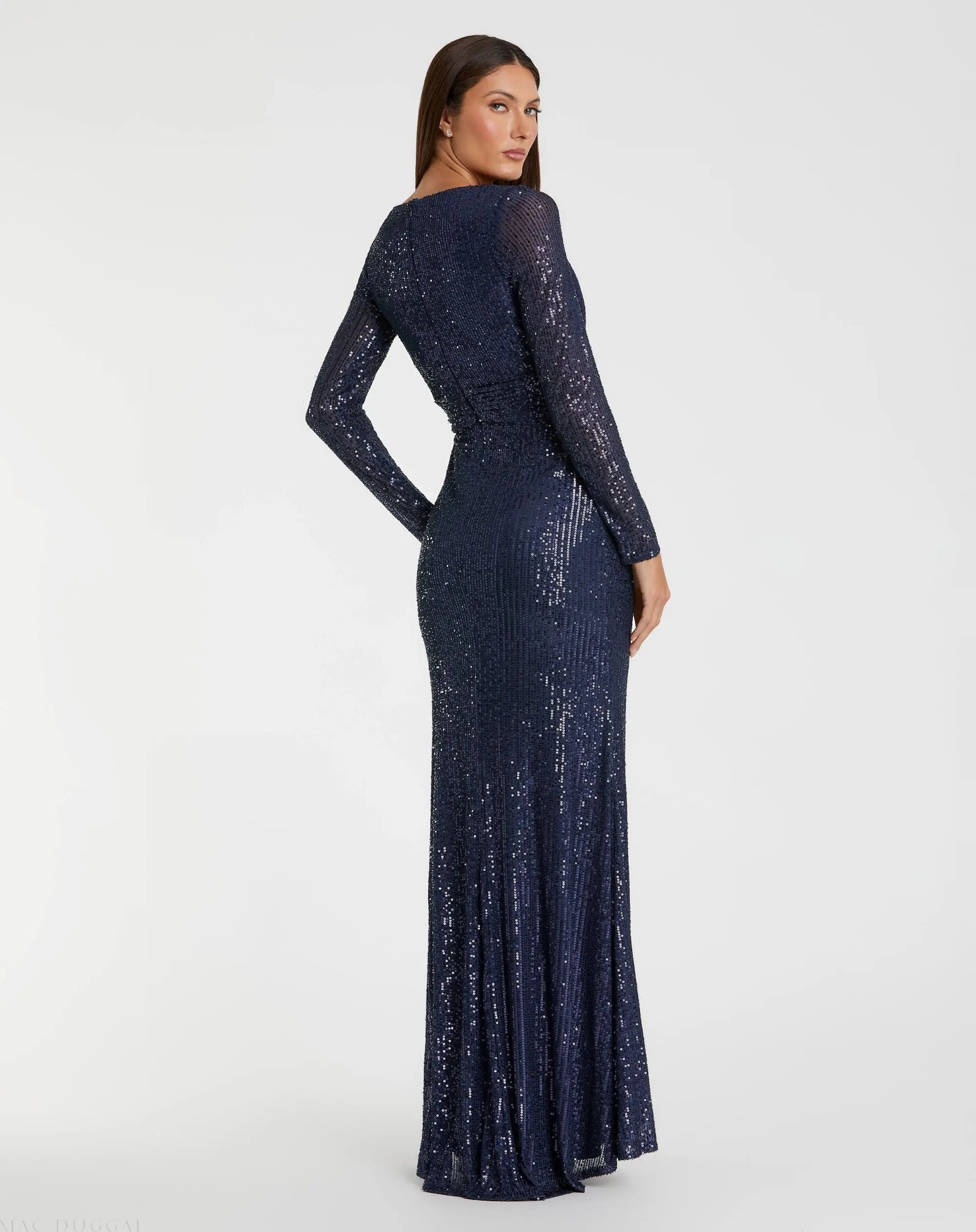 Navy Sequined Long Sleeve Gown