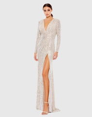 Silver Sequined Long Sleeve Gown