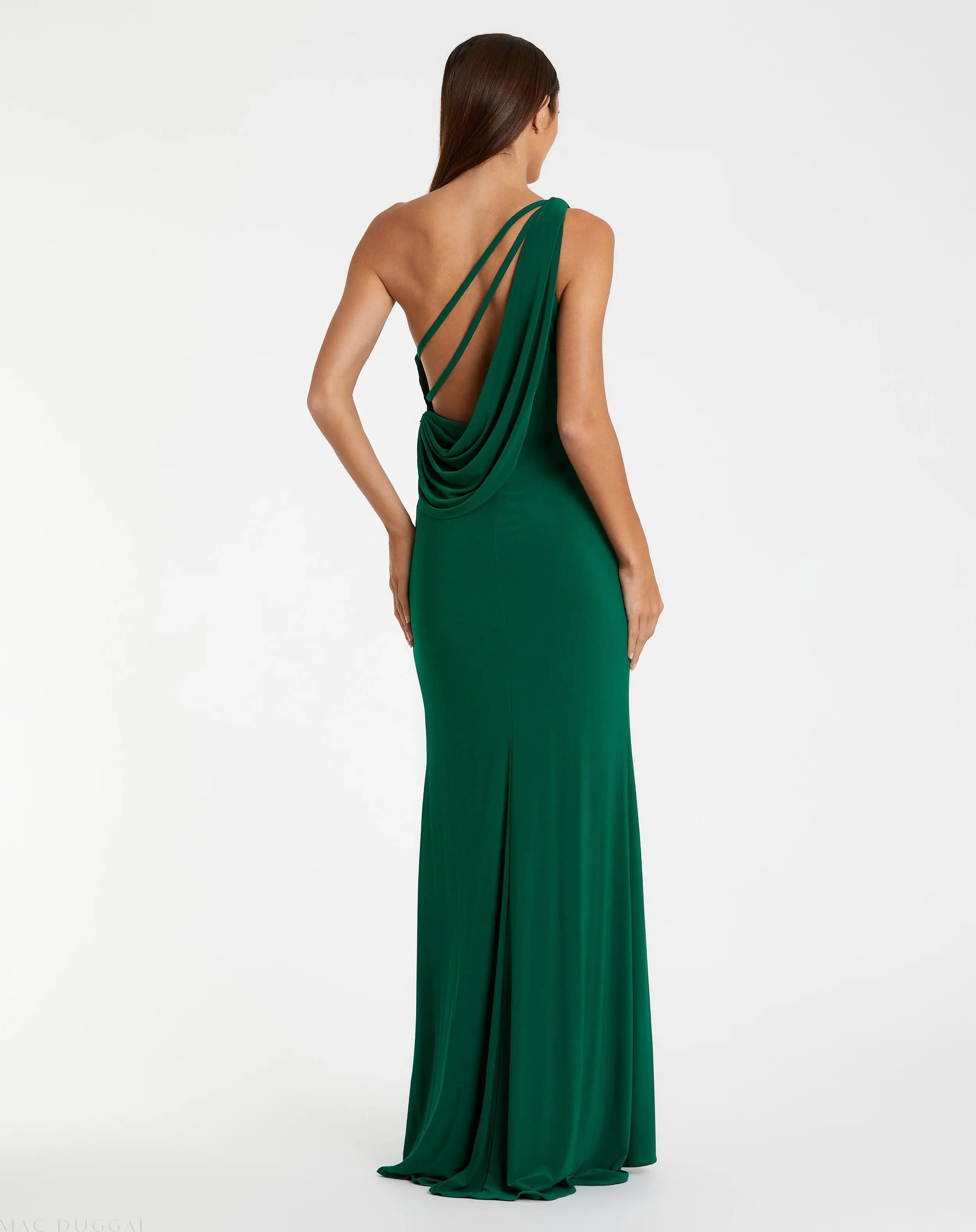 Green Jersey One Shoulder Draped Back Gown