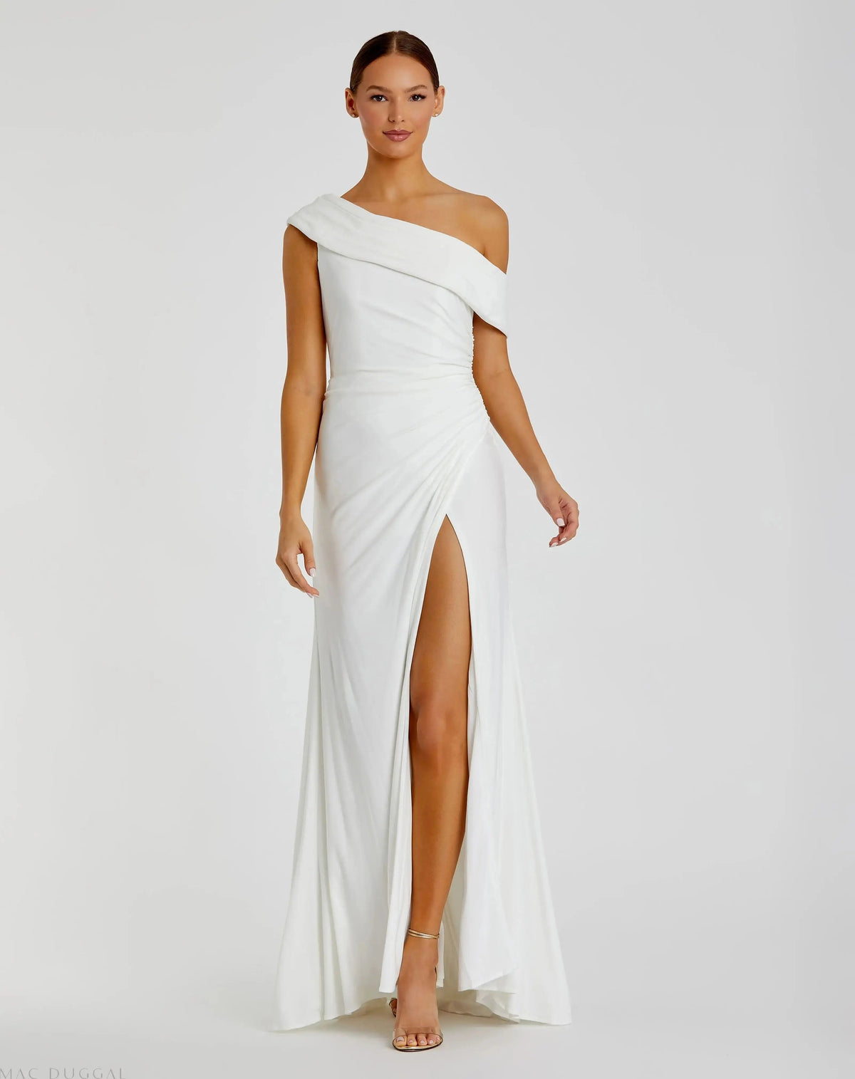 White Foldover Off-the-Shoulder Slit Gown