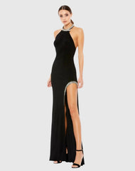 High Slit Halter Gown w/ Rhinestone Accents