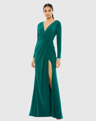 V-Neck Long Sleeve High Slit Gown