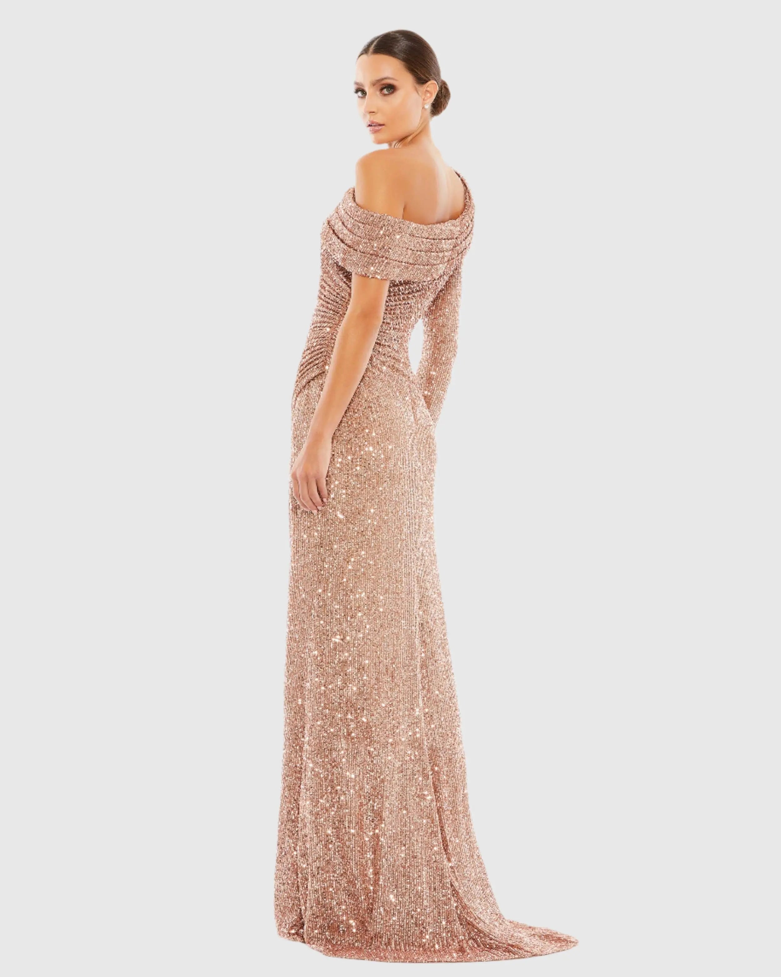 Pink Sequined Drop Shoulder Faux Wrap Gown