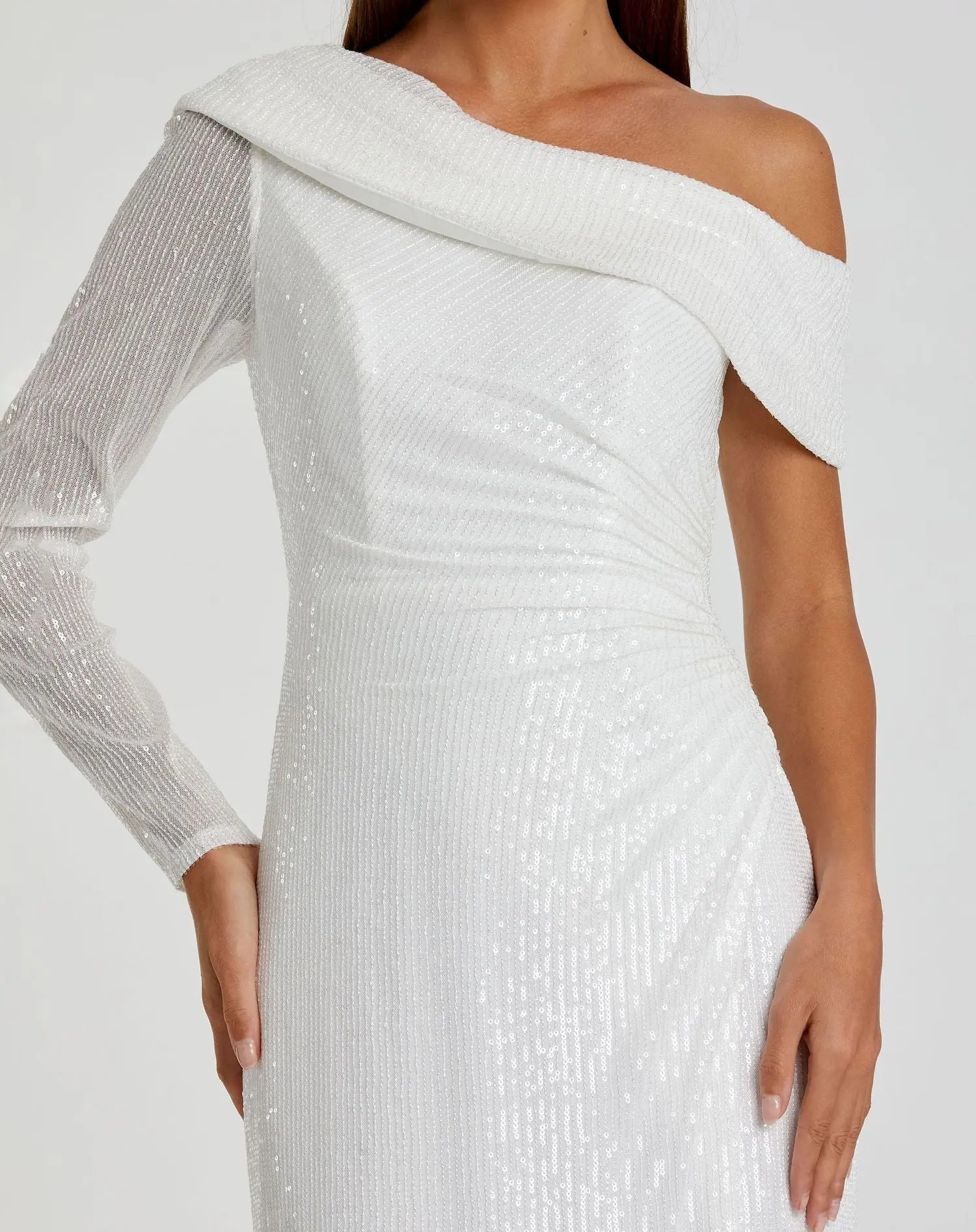 White Sequined Drop Shoulder Faux Wrap Gown