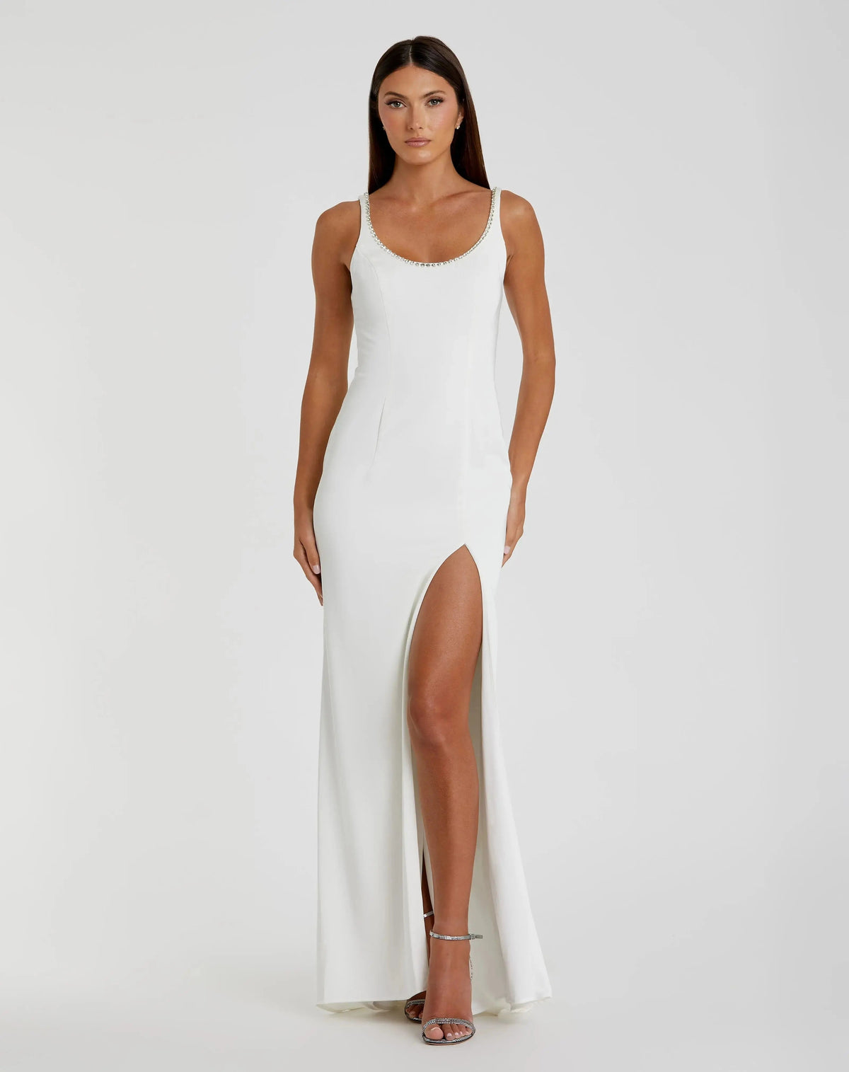 White Sleeveless Crystal Scoop Neckline Column Gown with High Slit