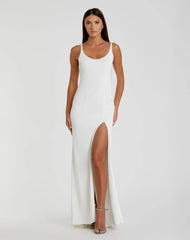 White Sleeveless Crystal Scoop Neckline Column Gown with High Slit