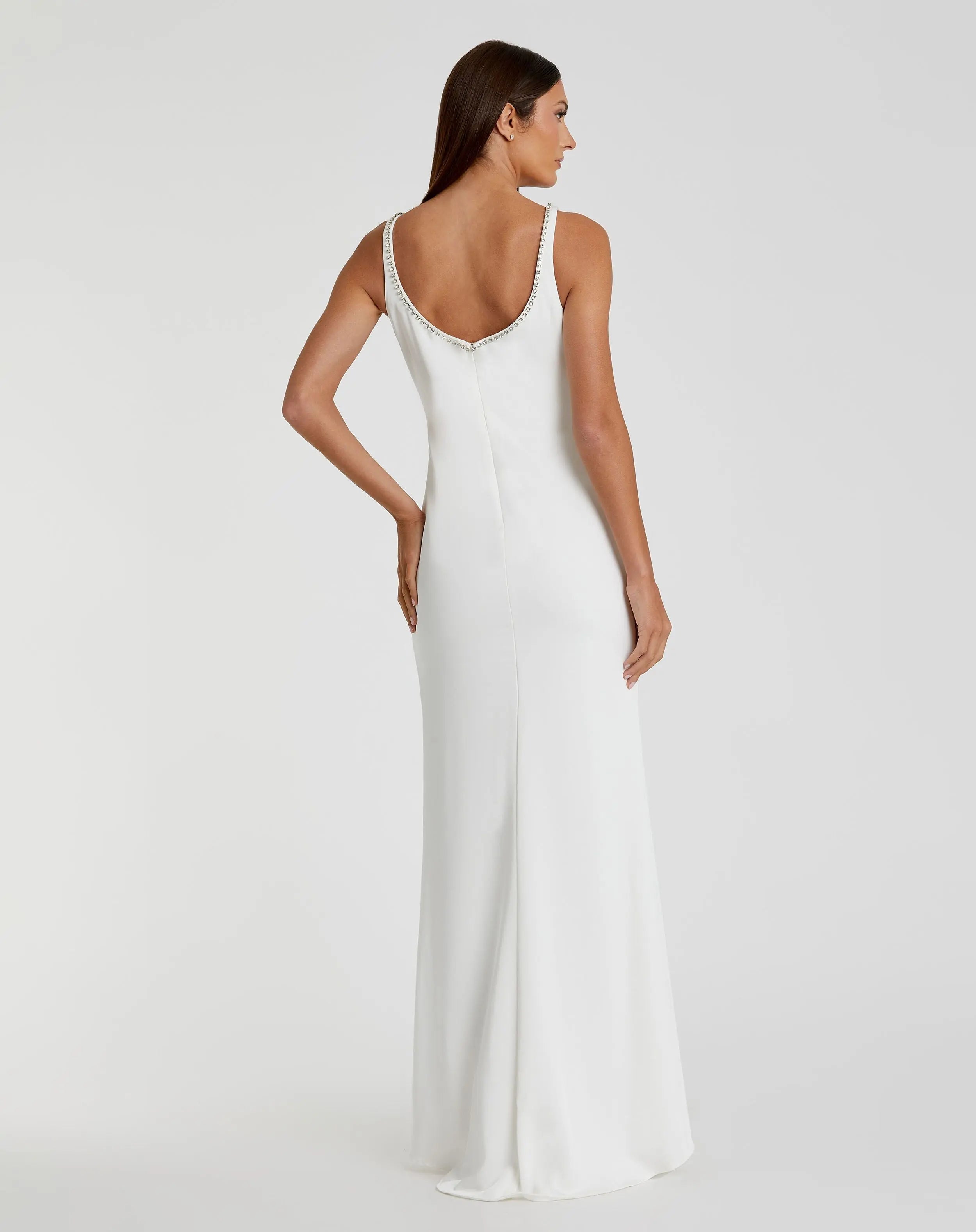 White Sleeveless Crystal Scoop Neckline Column Gown with High Slit