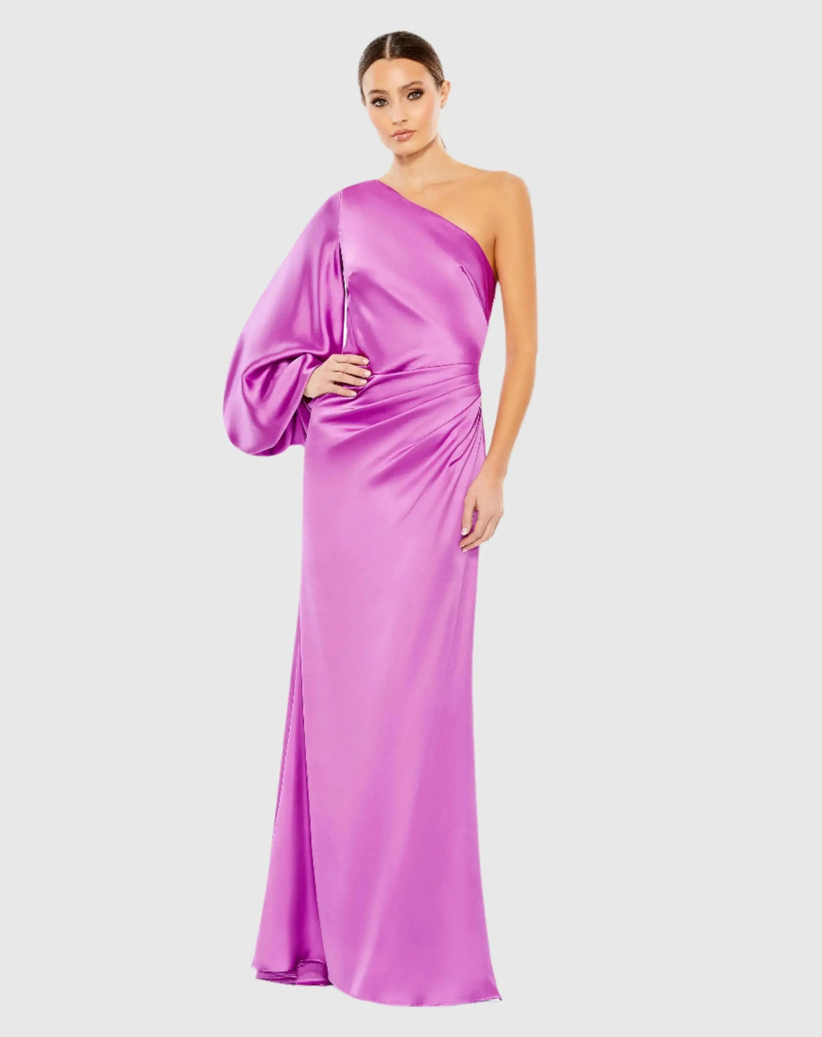 Purple Satin Puff Sleeve Gown