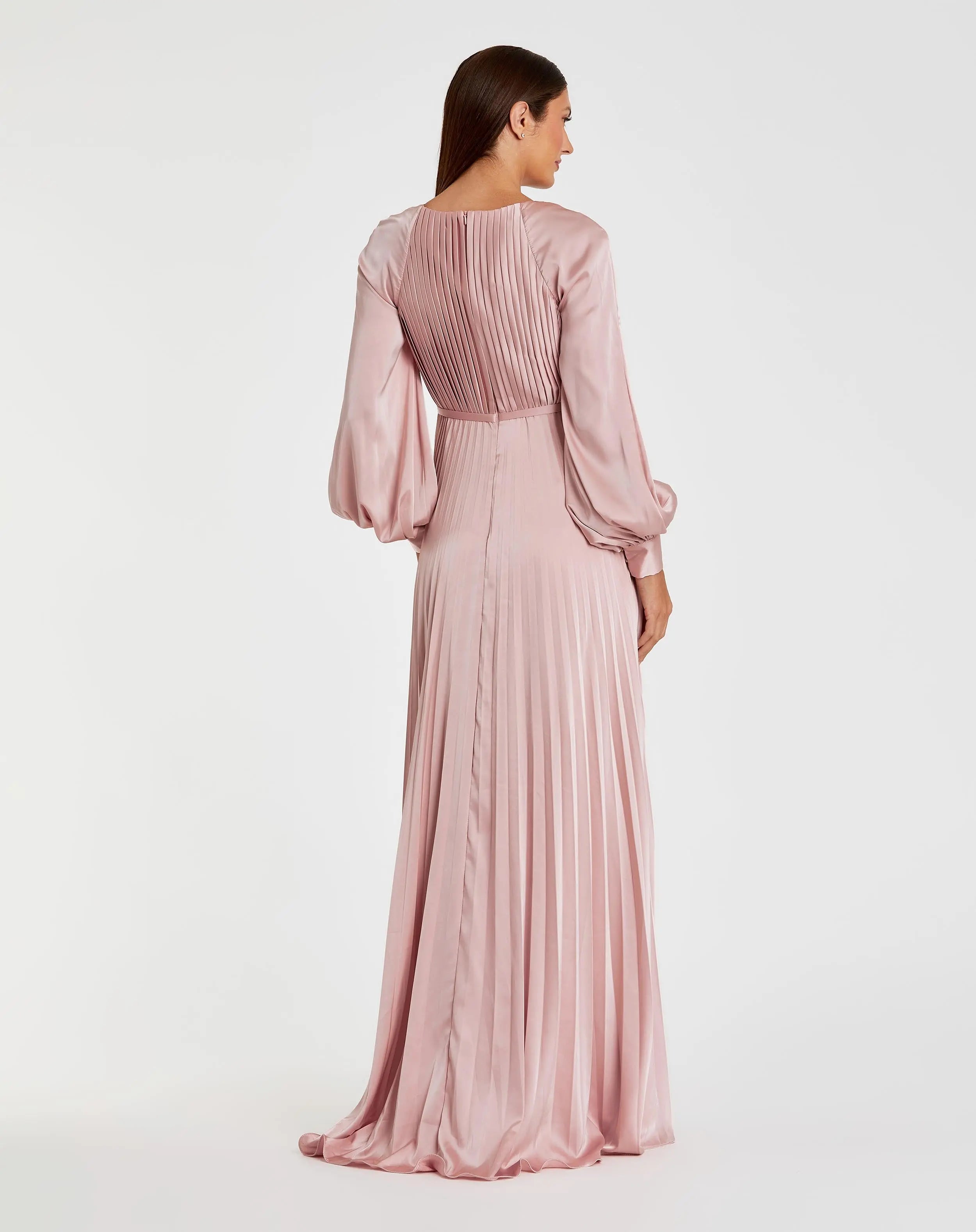 Pink Pleated High Neck Raglan Long Sleeve Side Slit Gown