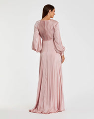 Pink Pleated High Neck Raglan Long Sleeve Side Slit Gown