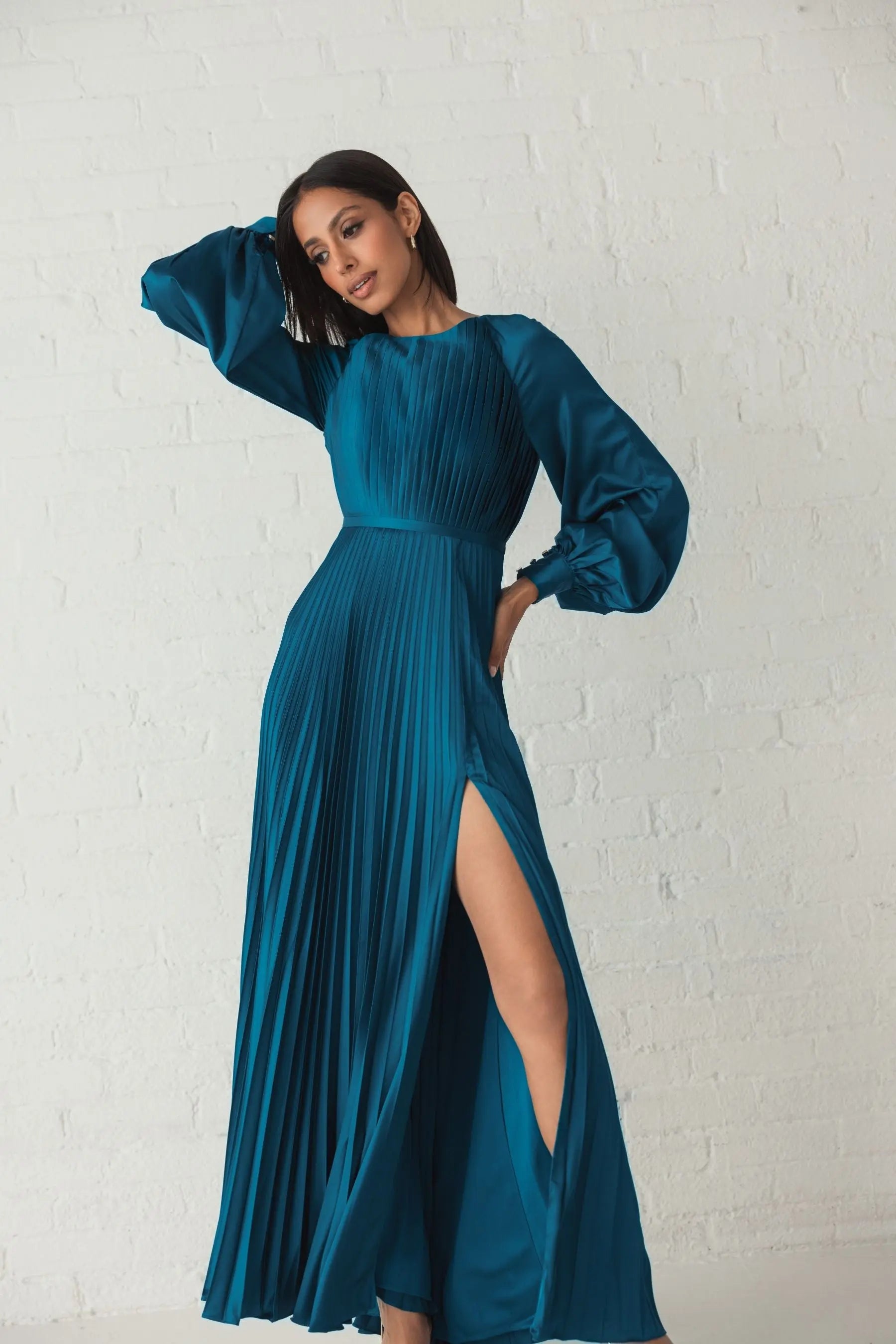 Blue Pleated High Neck Raglan Long Sleeve Side Slit Gown