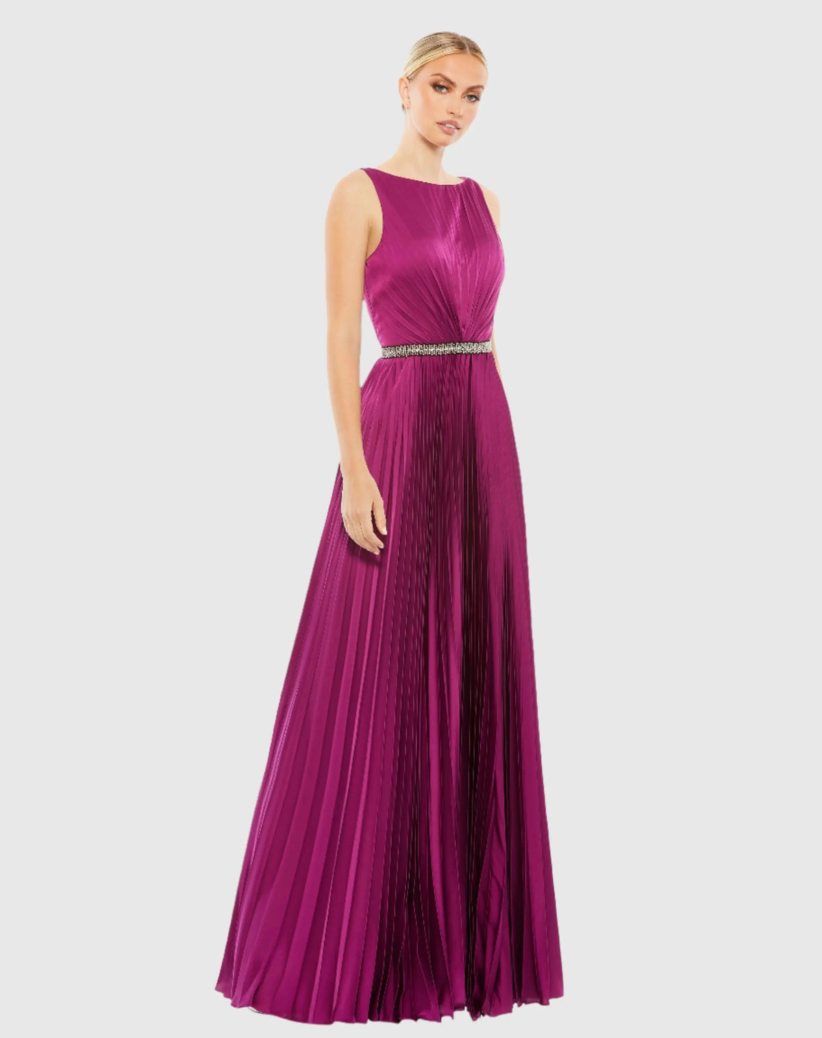 Purple Pleated Sleeveless Bateau Gown