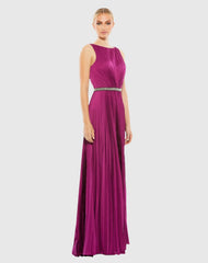Purple Pleated Sleeveless Bateau Gown