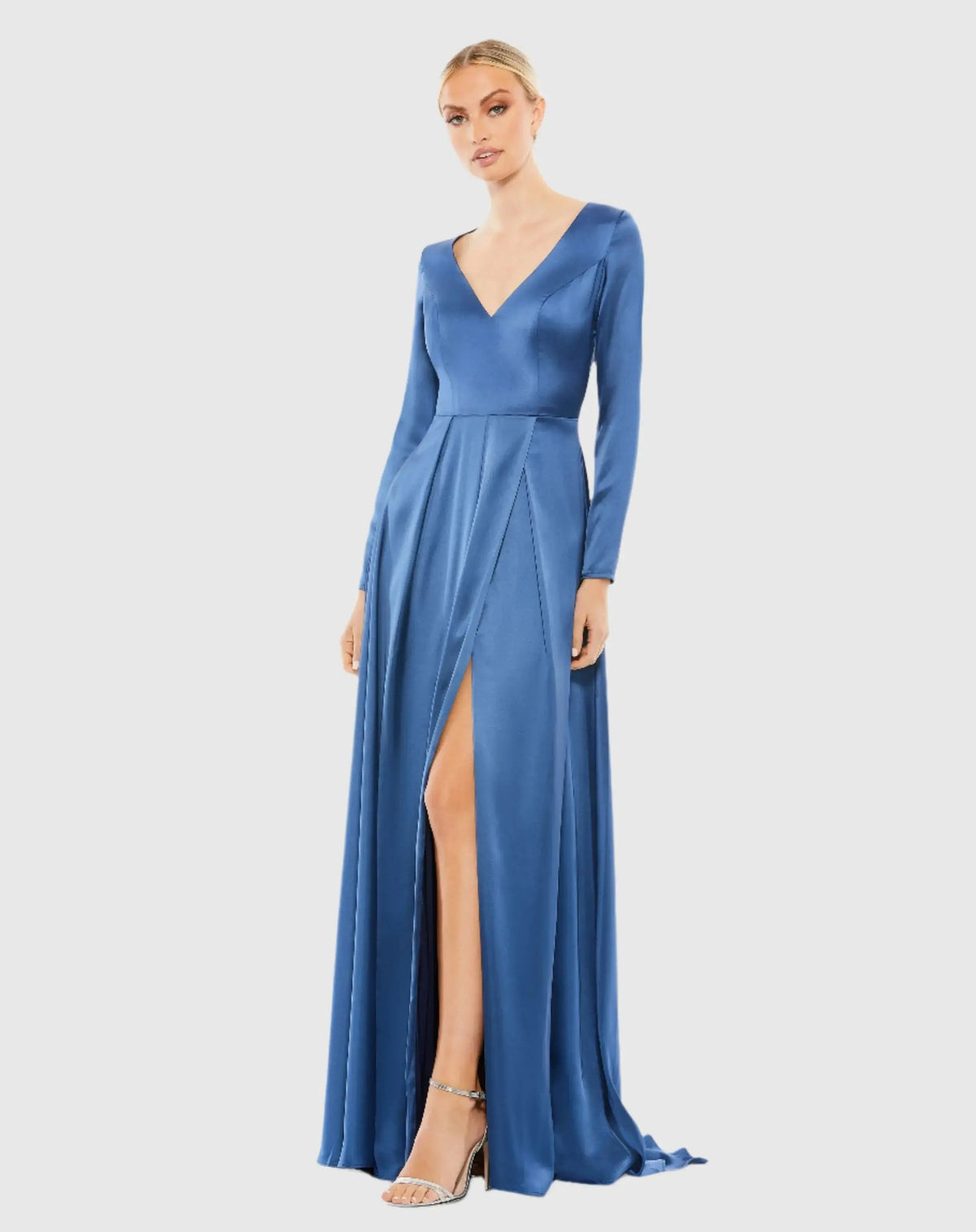 Blue Satin V Neck Long Sleeve Pleated Gown