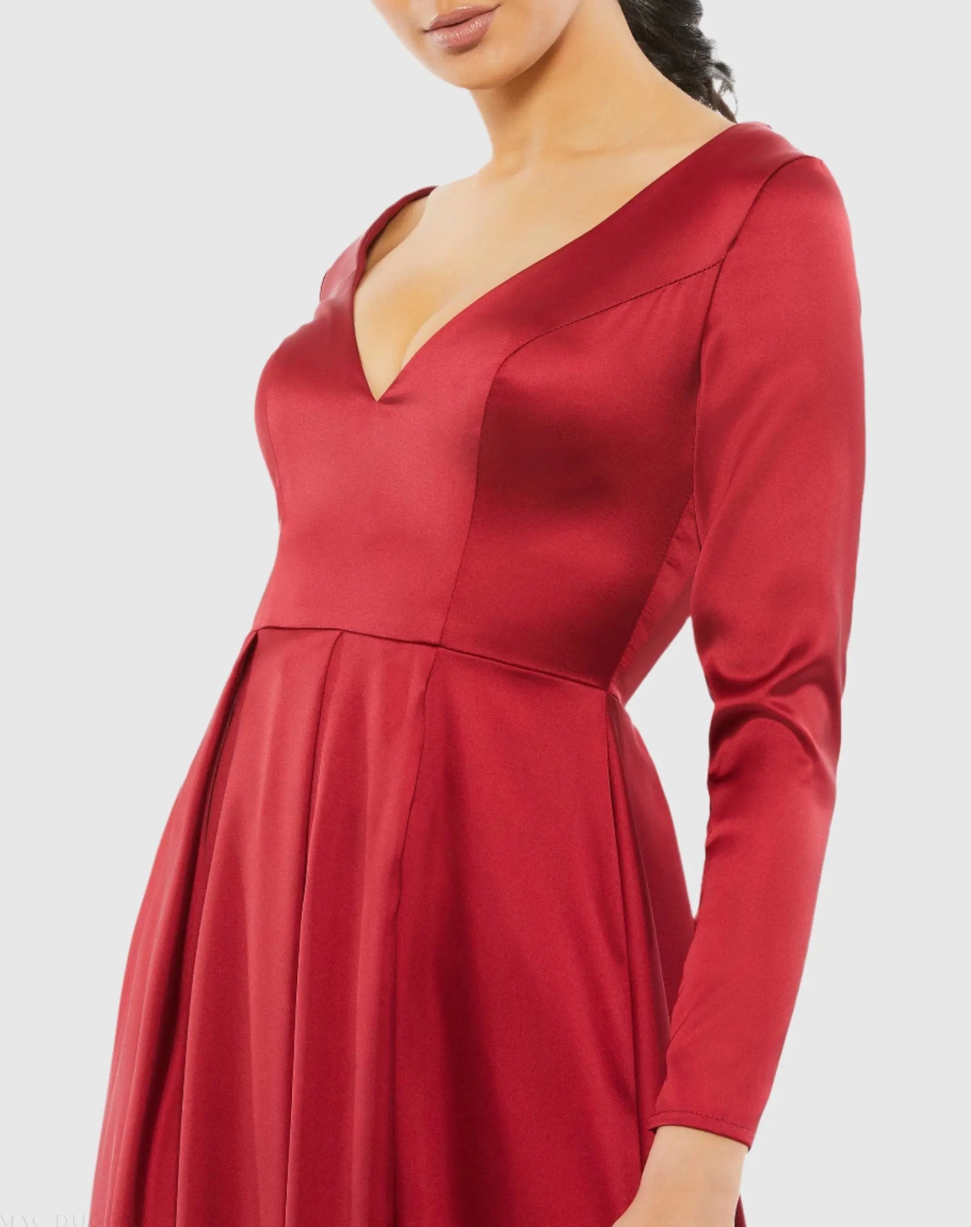 Red Satin V Neck Long Sleeve Pleated Gown