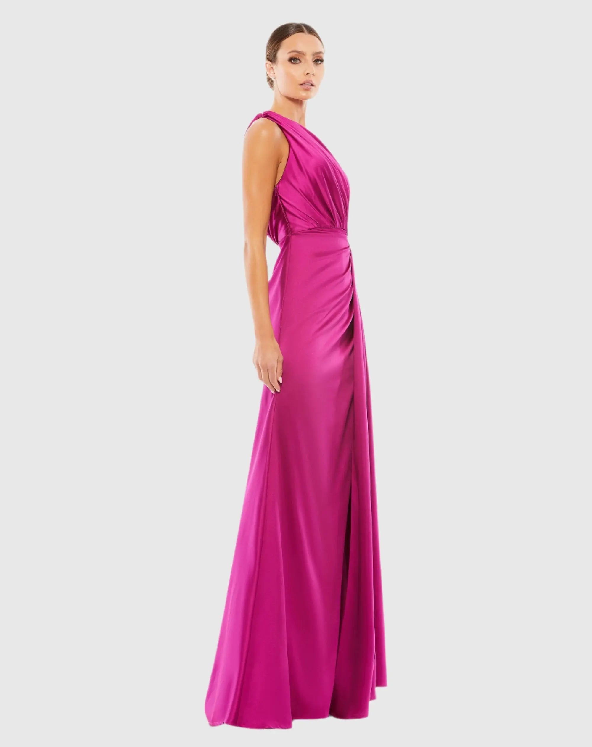 Purple Gathered One Shoulder Satin Faux Wrap Gown