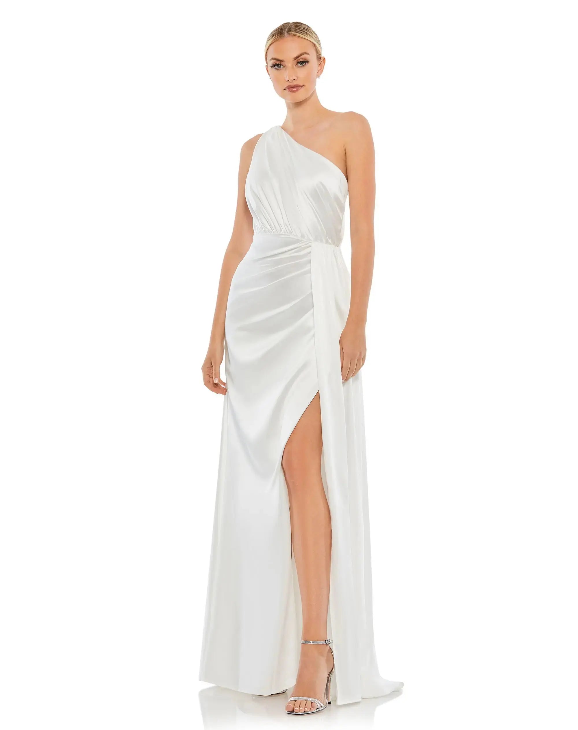 Gathered One Shoulder Satin Faux Wrap Gown