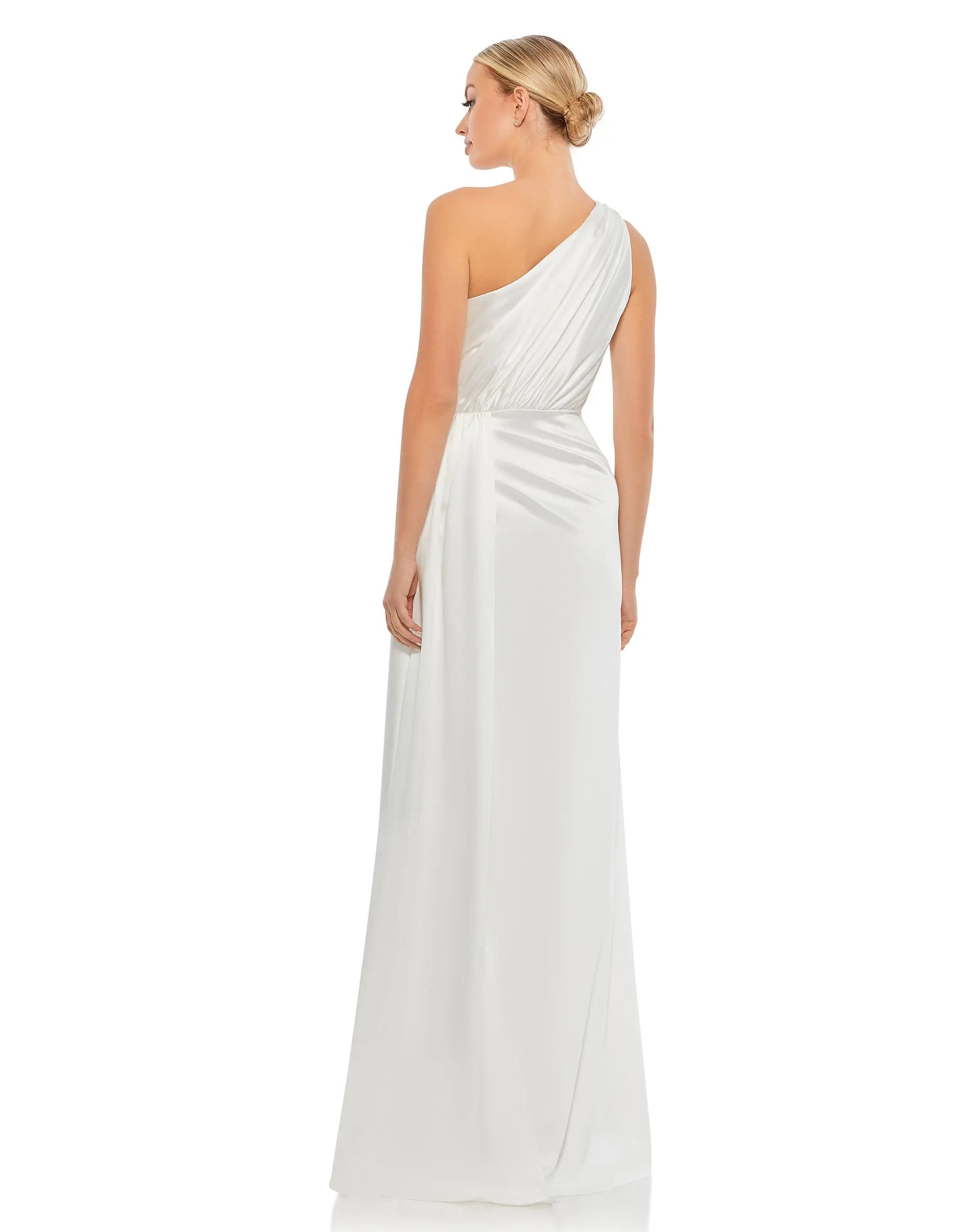 White Gathered One Shoulder Satin Faux Wrap Gown