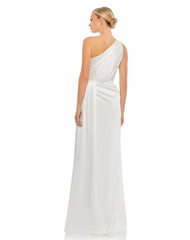 White Gathered One Shoulder Satin Faux Wrap Gown