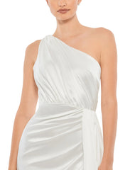 White Gathered One Shoulder Satin Faux Wrap Gown