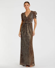 Brown Bow Waist Cap Sleeve Metallic Gown