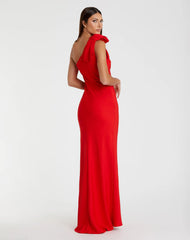 Red Crepe One Shoulder Bow Gown