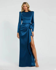 Long Sleeve Structured Satin Bow Draped Column Gown