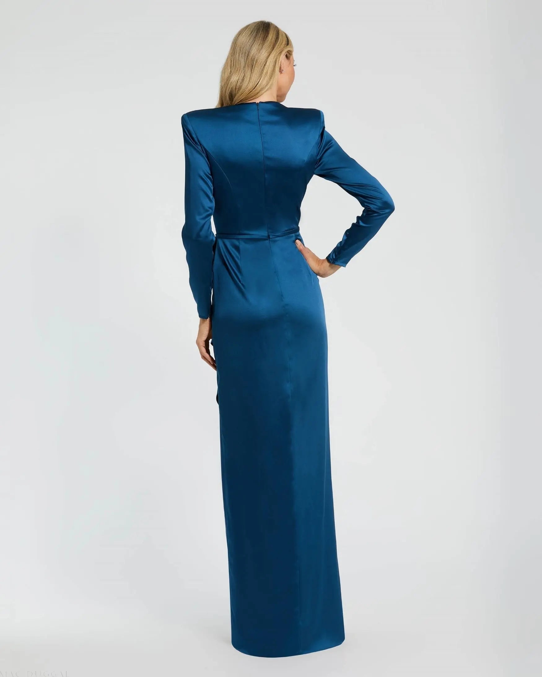 Blue Long Sleeve Satin Structured Bow Draped Column Gown