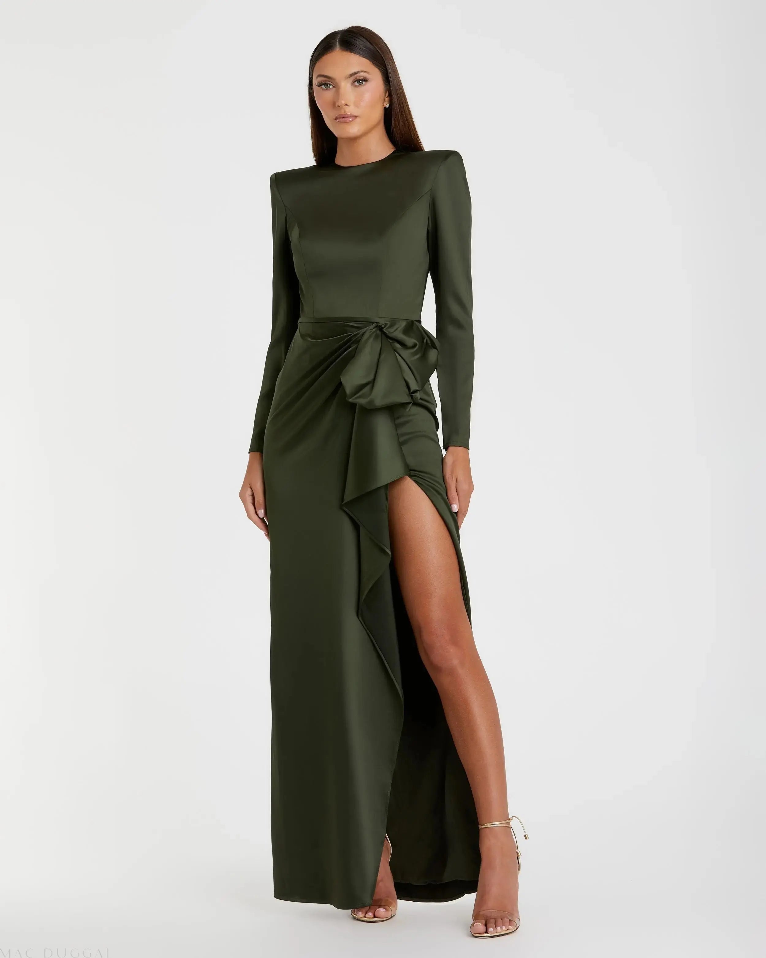 Long Sleeve Structured Satin Bow Draped Column Gown
