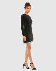 Black Long Sleeve Asymmetrical Beaded Fringe Hem Mini Dress