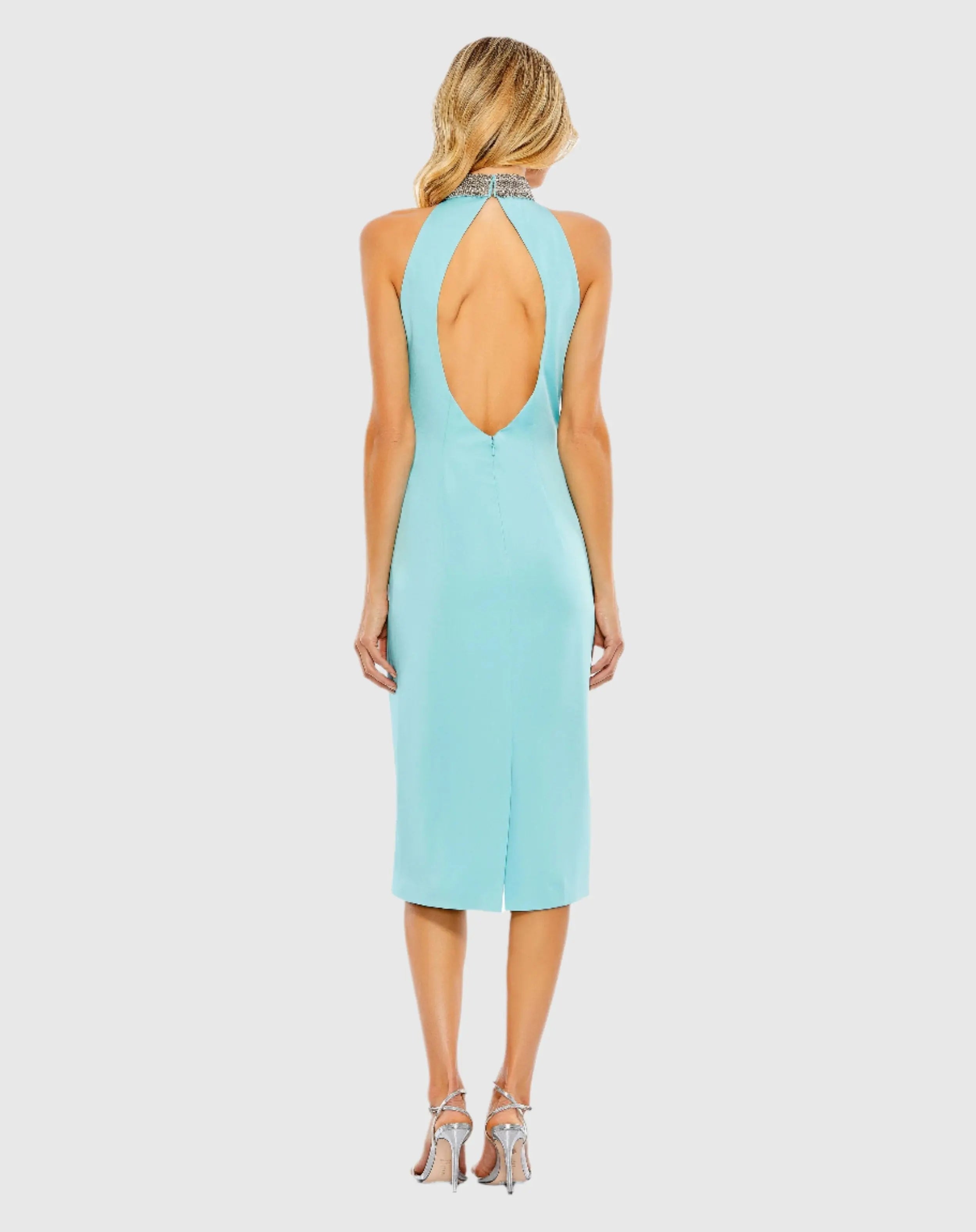 Blue Open Back Jeweled Halter Midi Dress