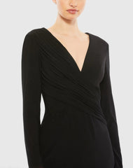 Black Jersey Long Sleeve Asymmetrical Ruched Gown