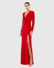 Red Jersey Long Sleeve Asymmetrical Ruched Gown