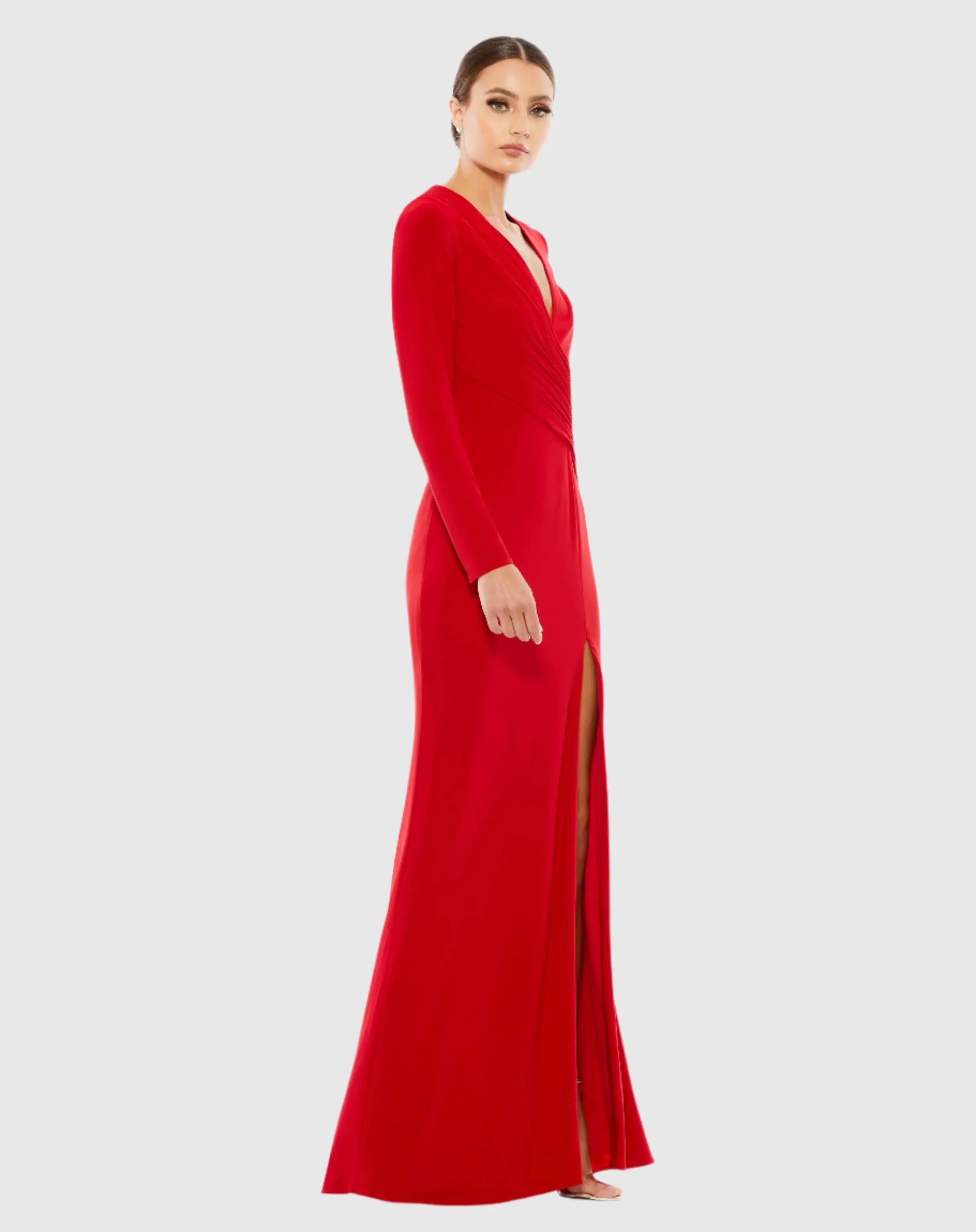 Red Jersey Long Sleeve Asymmetrical Ruched Gown