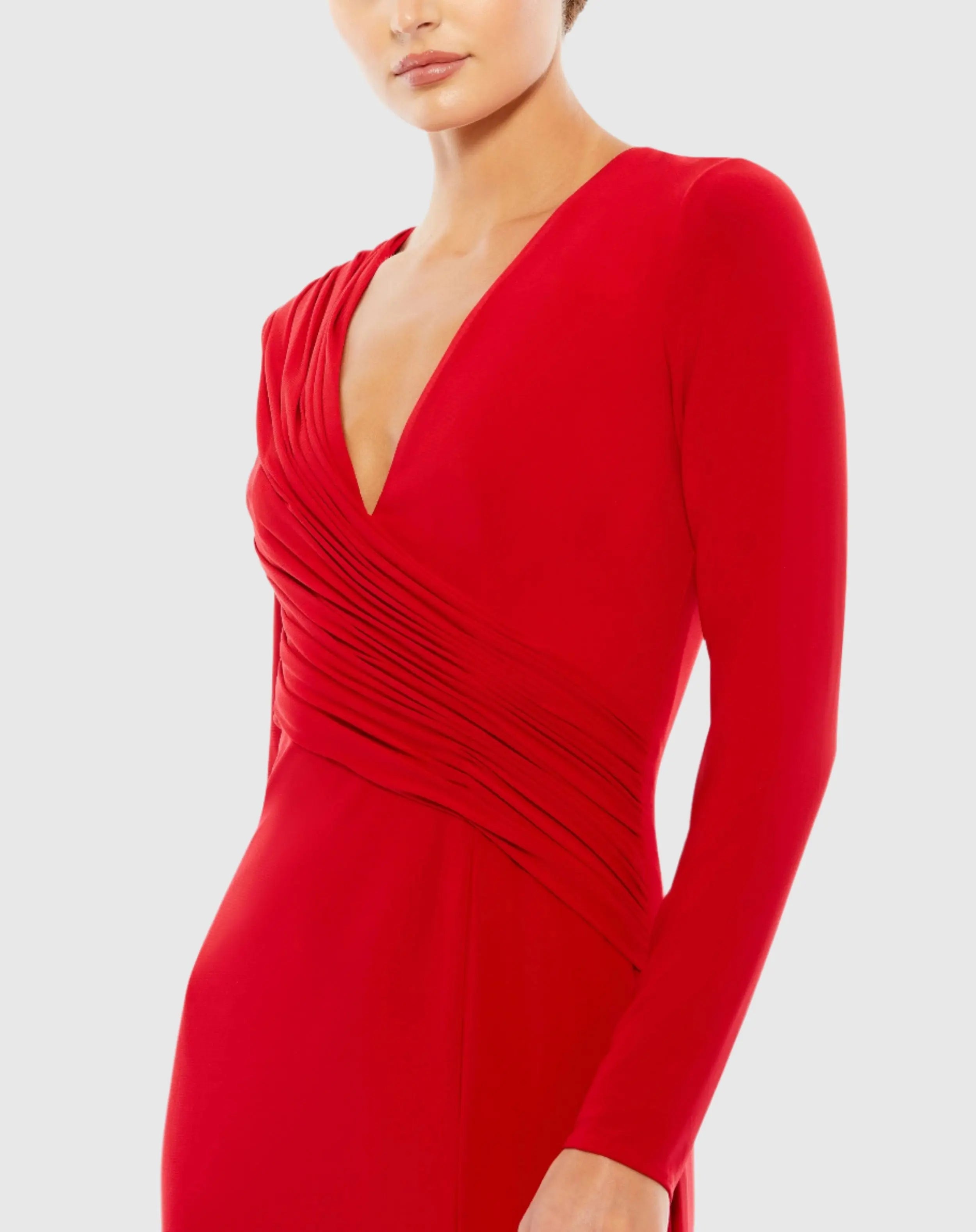 Red Jersey Long Sleeve Asymmetrical Ruched Gown