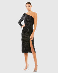 Black Ruched Sequined One Shoulder Midi Dress