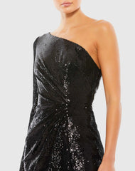Black Ruched Sequined One Shoulder Midi Dress