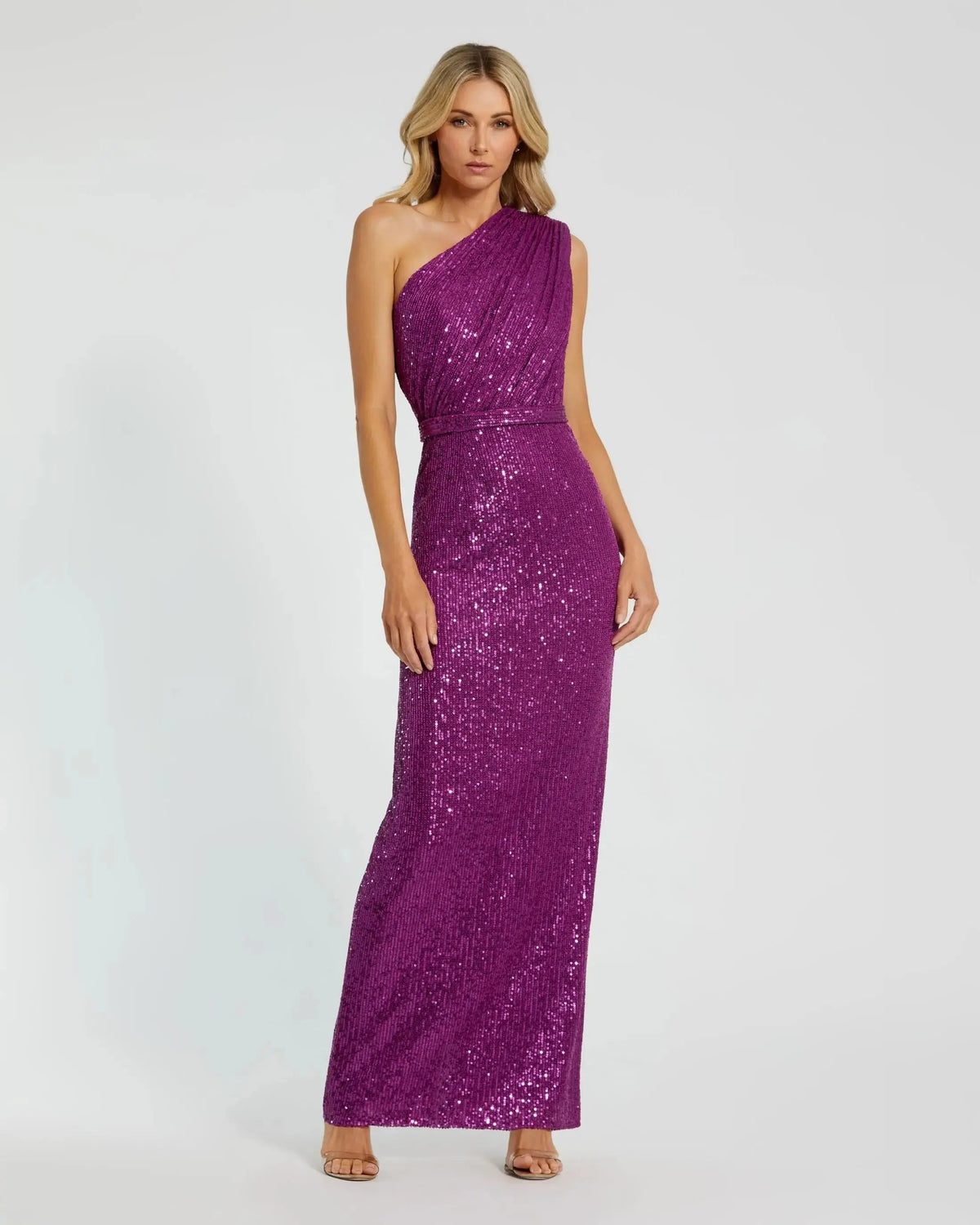 Dark Purple Sequined Ruched One Shoulder Gown