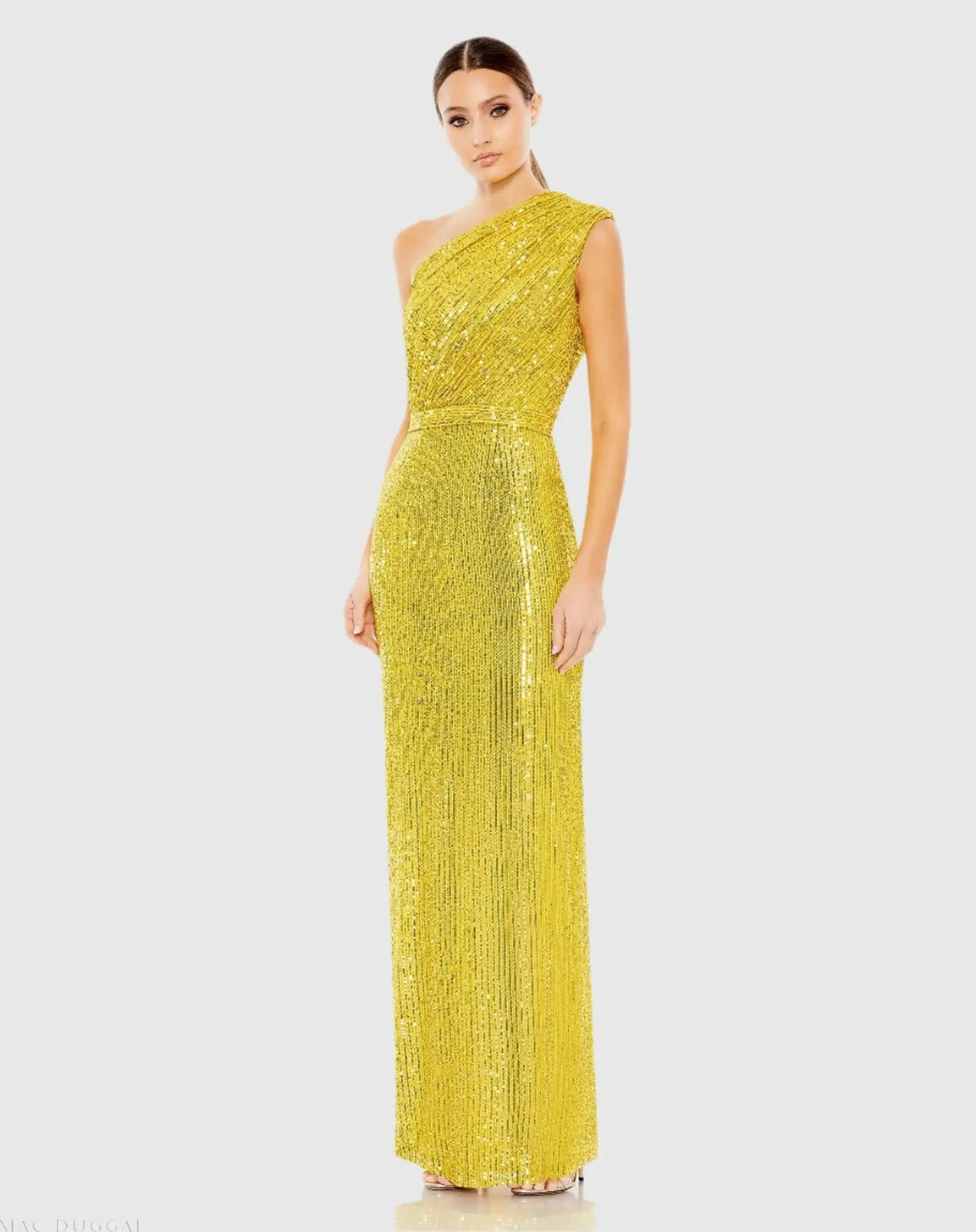 Yellow Sequined Ruched One Shoulder Gown