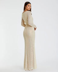 Beige Sequined Ruched Long Sleeve Boat Neck Gown